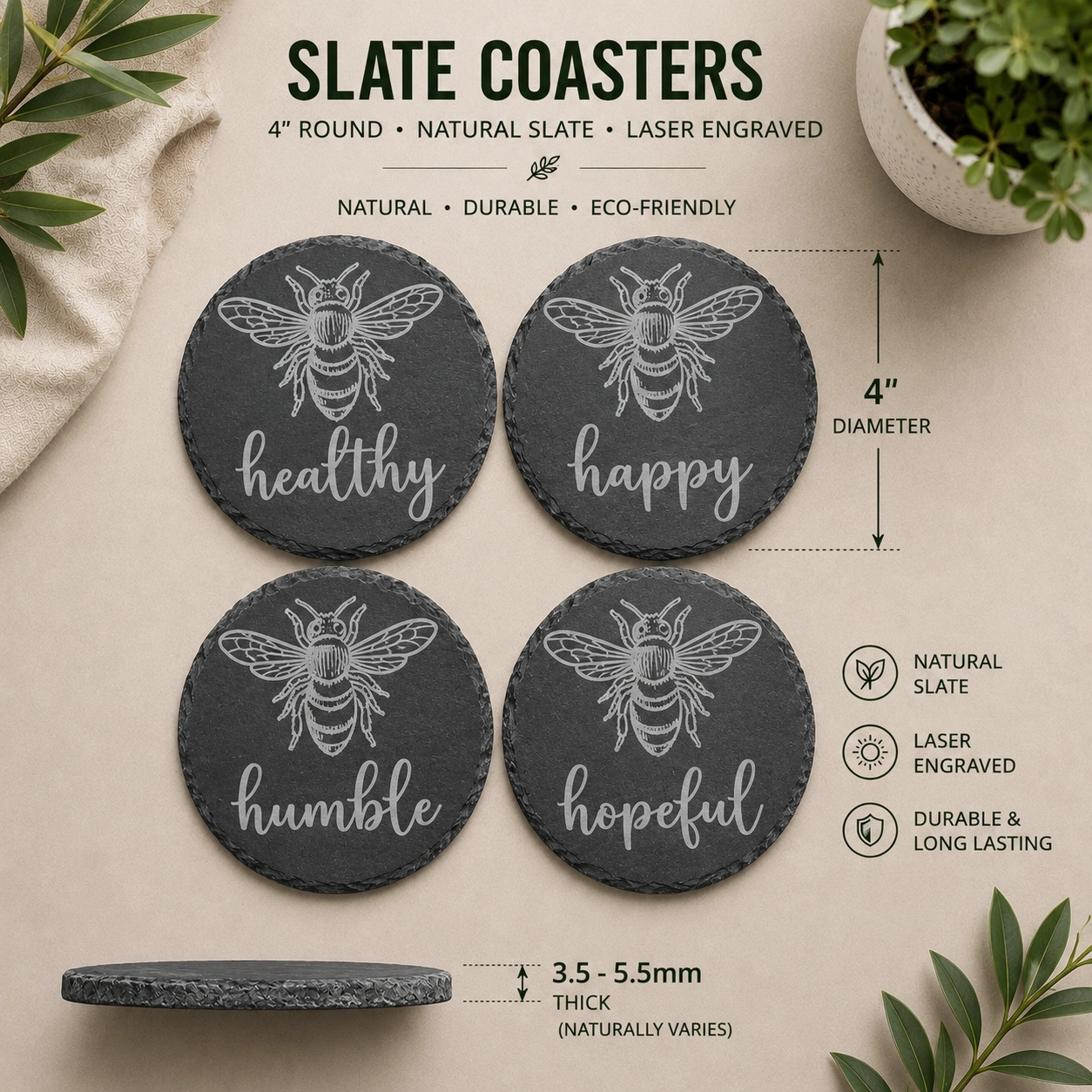 Bee Healthy, Bee Happy, Bee Humble, Bee Hopeful Slate Coaster Set | Laser Engraved Bee Coasters - Image 4