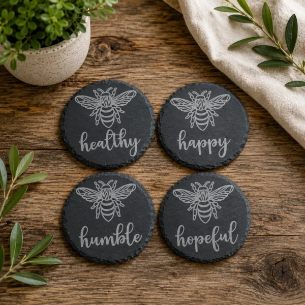 Bee Healthy, Bee Happy, Bee Humble, Bee Hopeful Slate Coaster Set | Laser Engraved Bee Coasters