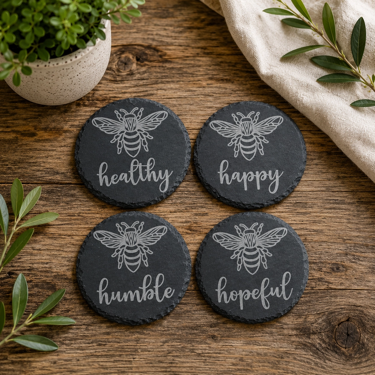 Bee Healthy, Bee Happy, Bee Humble, Bee Hopeful Slate Coaster Set | Laser Engraved Bee Coasters