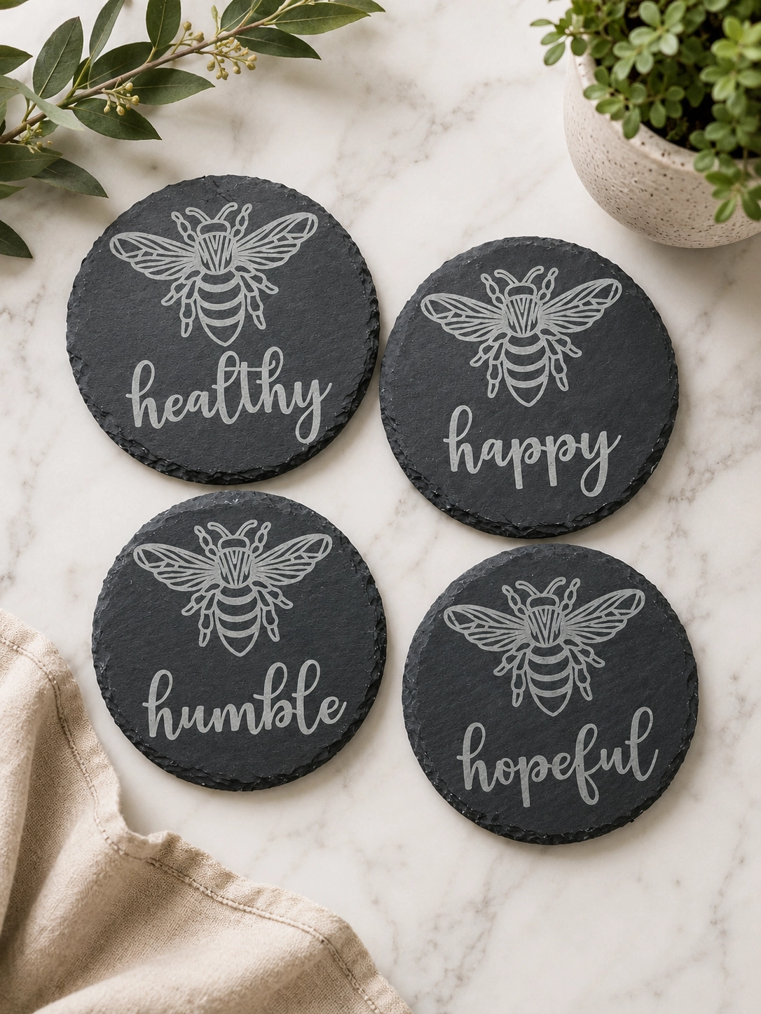 Bee Healthy, Bee Happy, Bee Humble, Bee Hopeful Slate Coaster Set | Laser Engraved Bee Coasters - Image 2