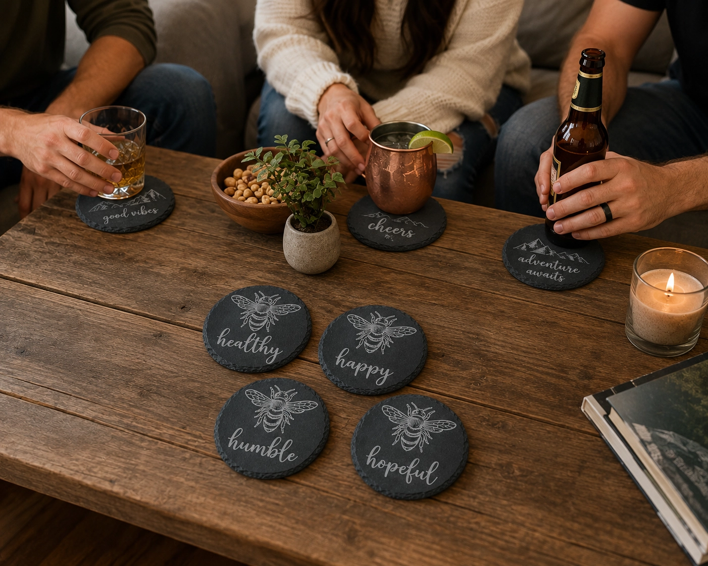Bee Healthy, Bee Happy, Bee Humble, Bee Hopeful Slate Coaster Set | Laser Engraved Bee Coasters - Image 3