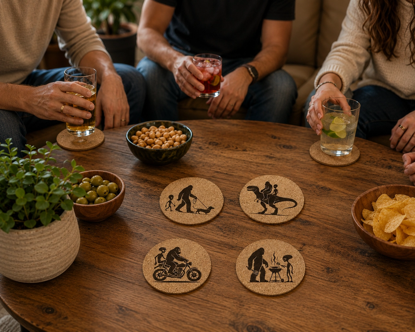 Bigfoot, Alien & Dinosaur Cork Coaster Set | Laser Engraved 4" Round Drink Coasters - Image 2
