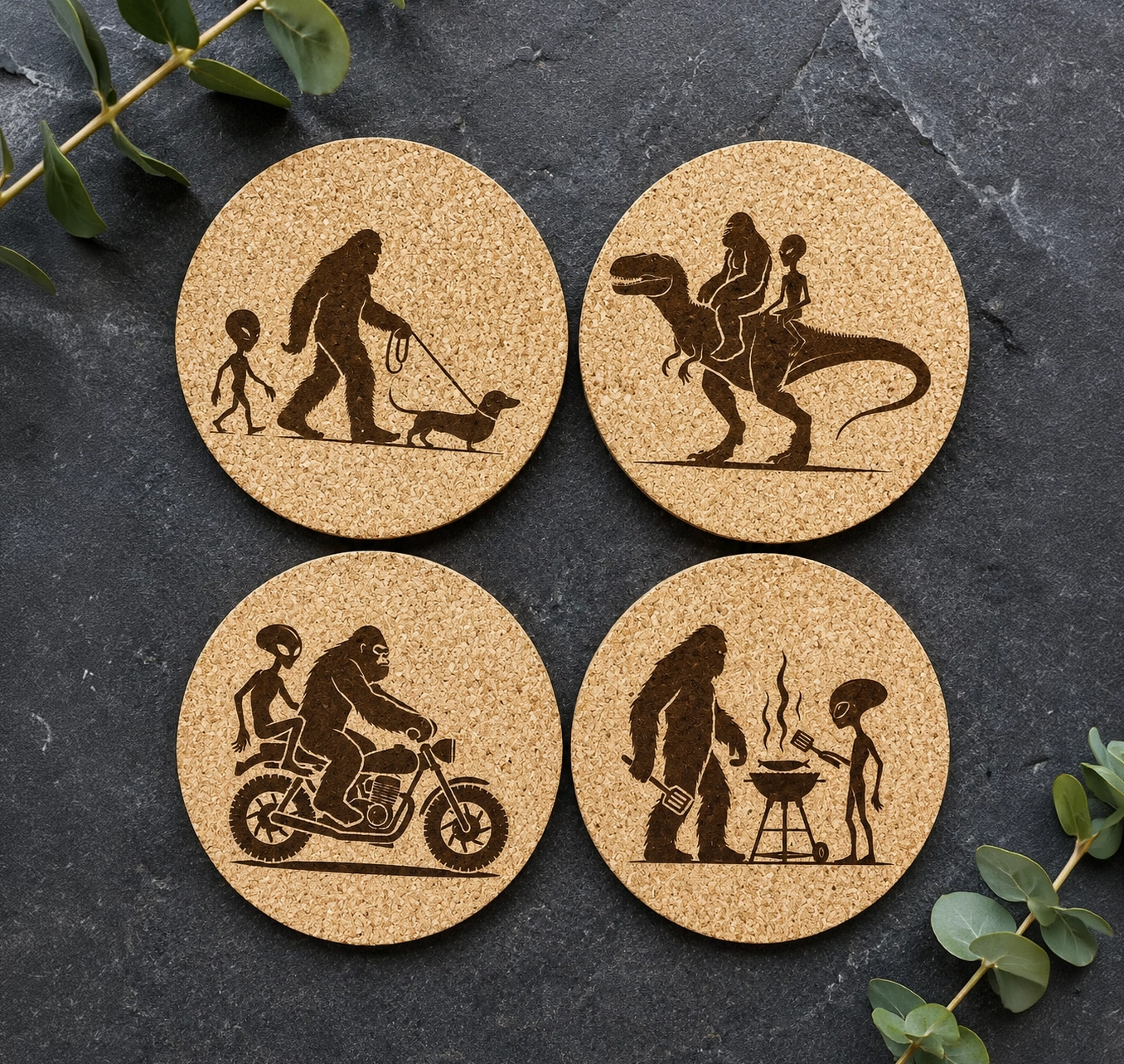 Bigfoot, Alien & Dinosaur Cork Coaster Set | Laser Engraved 4" Round Drink Coasters - Image 3