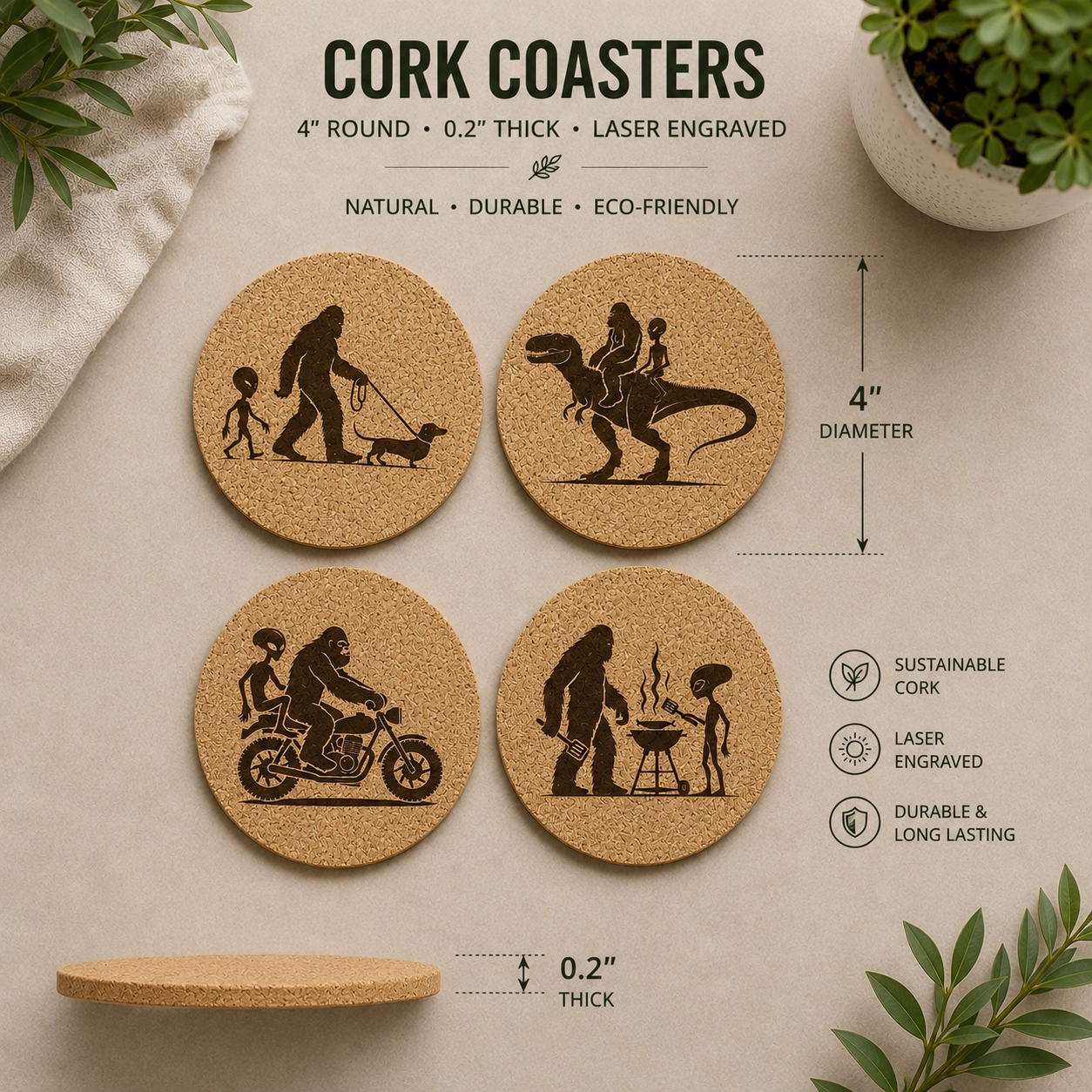 Bigfoot, Alien & Dinosaur Cork Coaster Set | Laser Engraved 4" Round Drink Coasters - Image 4