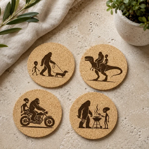 Bigfoot, Alien & Dinosaur Cork Coaster Set | Laser Engraved 4" Round Drink Coasters