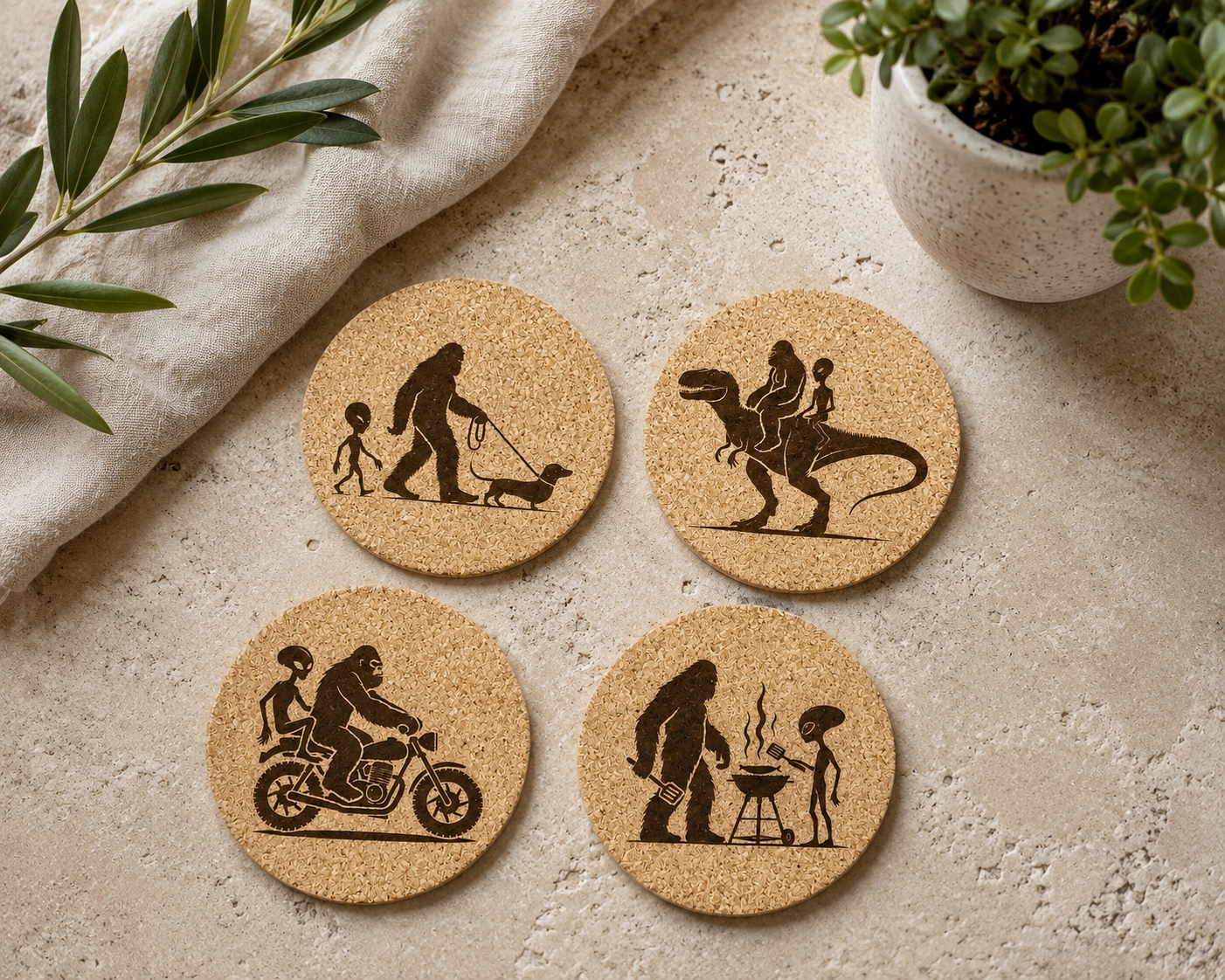 Bigfoot, Alien & Dinosaur Cork Coaster Set | Laser Engraved 4" Round Drink Coasters