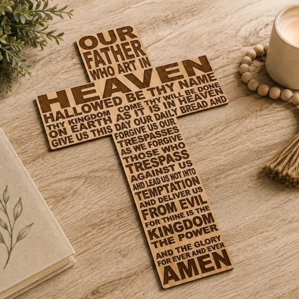 Lord's Prayer Wooden Cross Wall Decor | Laser Engraved Christian Wall Art