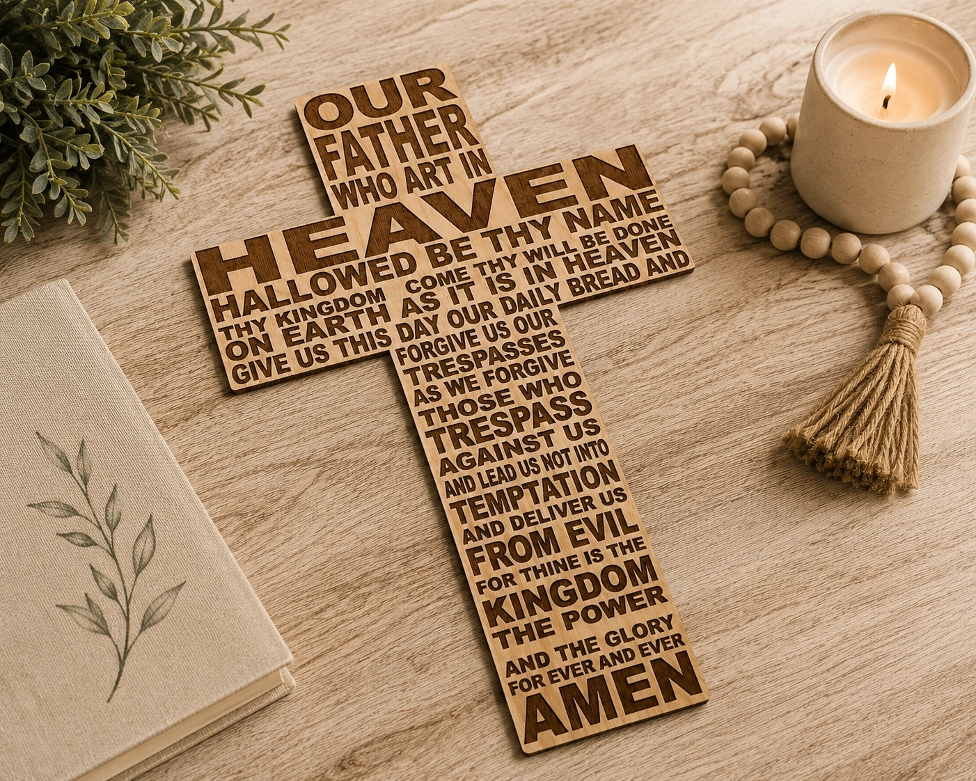 Lord's Prayer Wooden Cross Wall Decor | Laser Engraved Christian Wall Art
