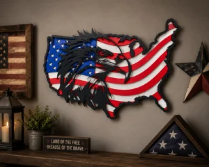 Hand-painted 3-layer patriotic eagle and American flag USA wall art sign measuring 18 inches wide by 12 inches tall.