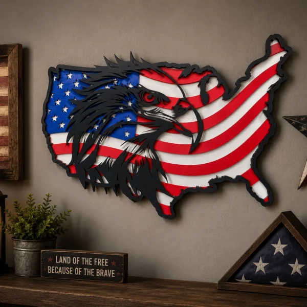 Hand-painted 3-layer patriotic eagle and American flag USA wall art sign measuring 18 inches wide by 12 inches tall.